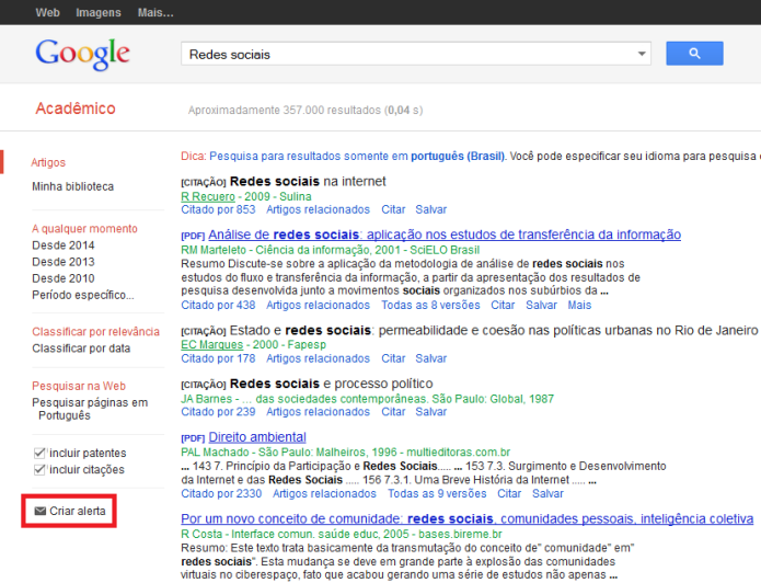 Atalho para a criação de alerta no Google Acadêmico (Foto: Reprodução/Lívia Dâmaso)