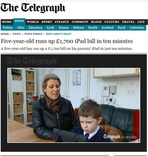 Reportagem do jornal 'The Telegraph' mostra menino de 5 anos gasta US$ 2,5 mil no iPad dos pais em 10 minutos (Foto: Reprodução)