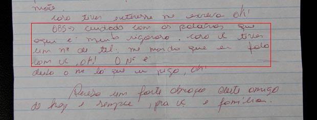 Carta de Dyllian para Antônio revela a comunicação também por telefone celular (Foto: Divulgação/Polícia Civil)