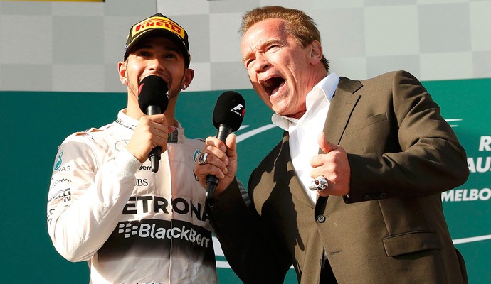 Arnold Schwarzenegger, Hamilton e Rosberg, GP da Austrália de F1 (Foto: Reuters)