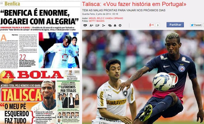 Jornais portugueses publicam entrevistas com Anderson Talisca, que confirma ida para o Benfica (Foto: Reprodução)