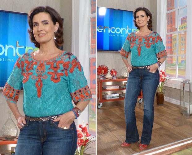 Fátima elogia look do programa de hoje:'Adoro o laranja da blusa' (Foto: Gshow/Encontro com Fátima)