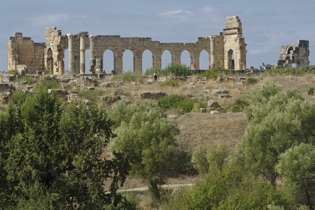 As paredes e os arcos da Basílica de Volubilis, são um belo exemplo da arquitetura romana na África. Em primeiro plano, oliveiras ainda fornecem a matéria prima do azeite de oliva (Foto: Haroldo Castro/ Época)