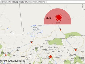 Mapa publicado no site do aeroporto de Ouagadougou mostra última localização conhecida do avião da Air Algerie que sumiu nesta quinta-feira (24)  (Foto: Ouagadougou airport/Reuters)