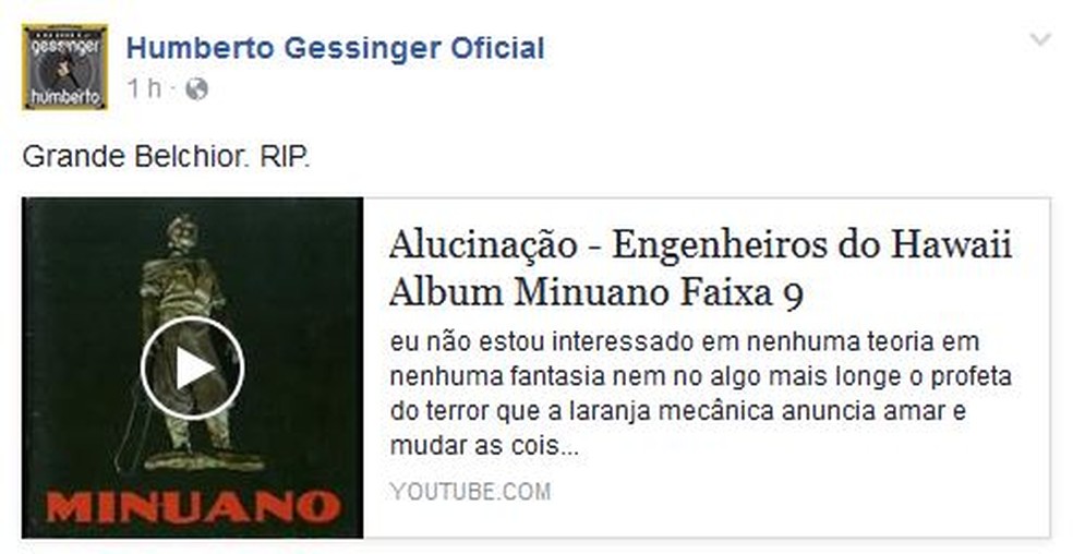 Humberto Gessinger lamenta morte de Belchior (Foto: Reprodução/Facebook)