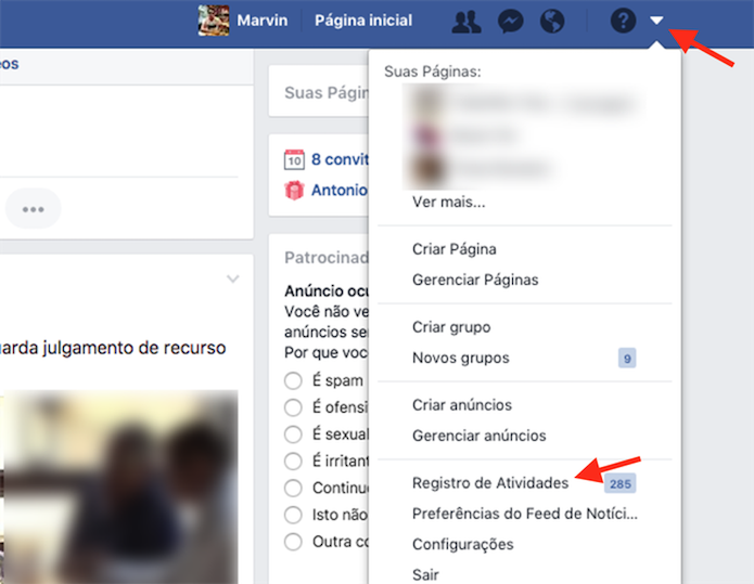 Caminho para acessar o registro de atividades do Facebook (Foto: Reprodução: Marvin Costa)