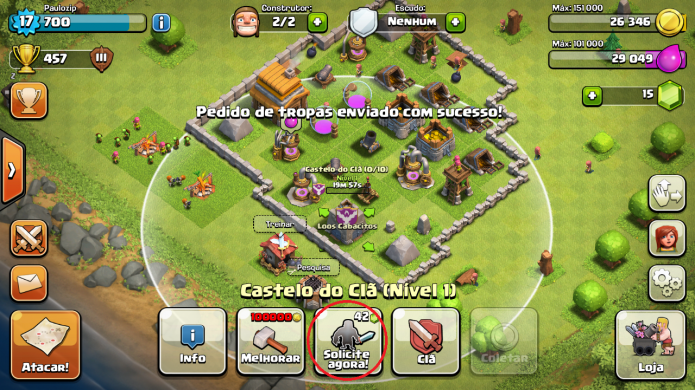 Clash of Clans: Solicite tropas clicando em Solicitar Tropas (Foto: Reprodução/Paulo Vasconcellos)