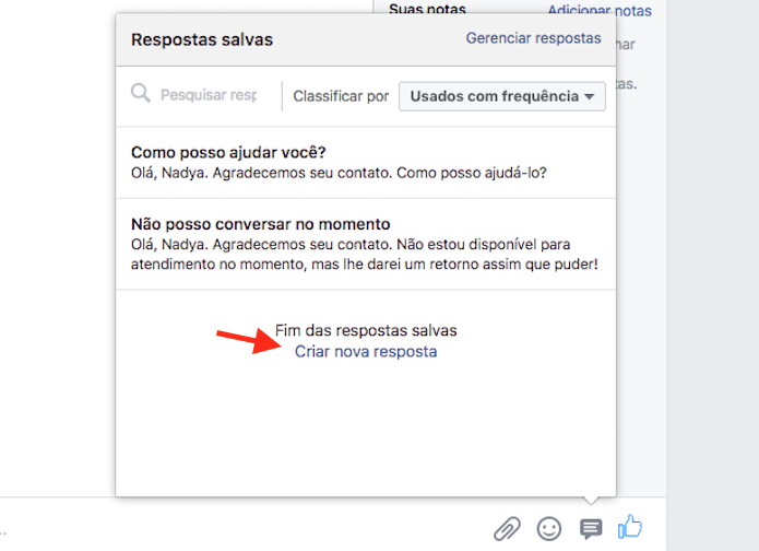 Link para acessar a página de criação de resposta padrão em uma página do Facebook (Foto: Reprodução/Marvin Costa)