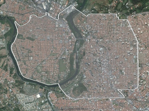Área central de Piracicaba onde o Aedes do bem será liberado (Foto: Reprodução/Google)