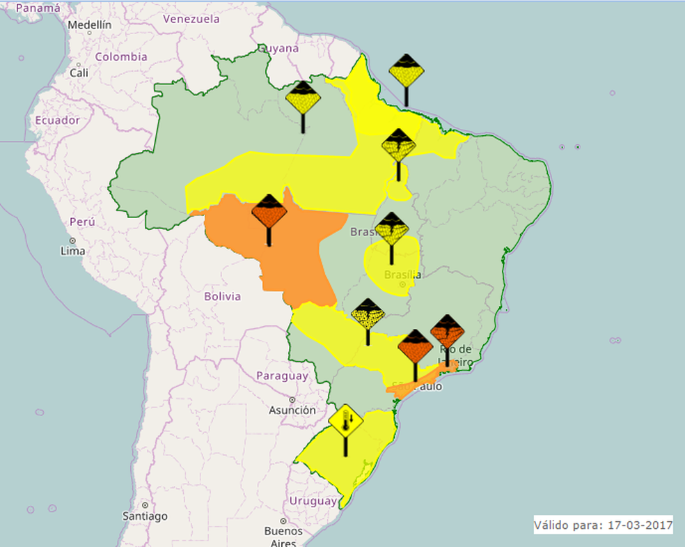 INMET prevê tempestades em 13 estados brasileiros e no Distrito Federal, nesta sexta-feira (17) (Foto: INMET/Reprodução)