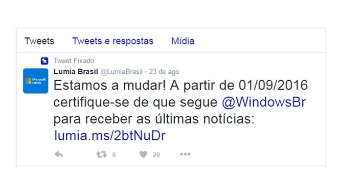 Twitter da Lumia Brasil foi desativado (Foto: Reprodução/Aline Batista) Twitter da Lumia Brasil foi desativado (Foto: Reprodução/Aline Batista)
