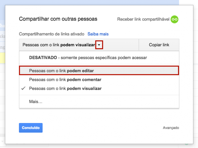Certifique-se de que quem receba o link possa editar o arquivo (Foto: Reprodução: Paulo Finotti)