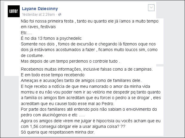 Namorada do jovem fez desabafo no Facebook: 'Quero que respeitem minha dor' (Foto: Reprodução/Facebook)