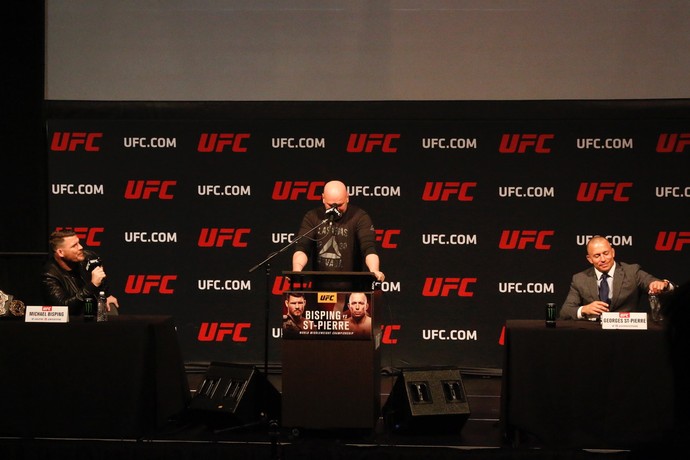 Michael Bisping, Dana White, Georges St-Pierre coletiva UFC (Foto: Evelyn Rodrigues)
