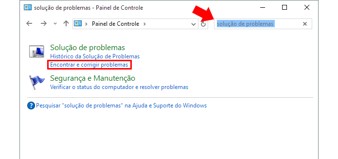 Busque por soluções de problemas no Painel de Controle (Foto: Reprodução/Paulo Alves)