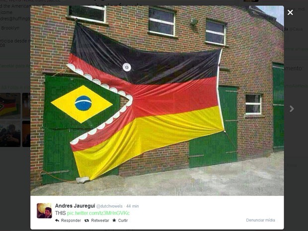 Internautas publicam imagem de bandeira da Alemanha engolindo a do Brasil para fazer piada sobre a goleada alemã na Copa (Foto: Reprodução/Twitter)