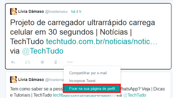 Fixando o tuíte no topo do novo perfil do microblog (Foto: Reprodução/Lívia Dâmaso)