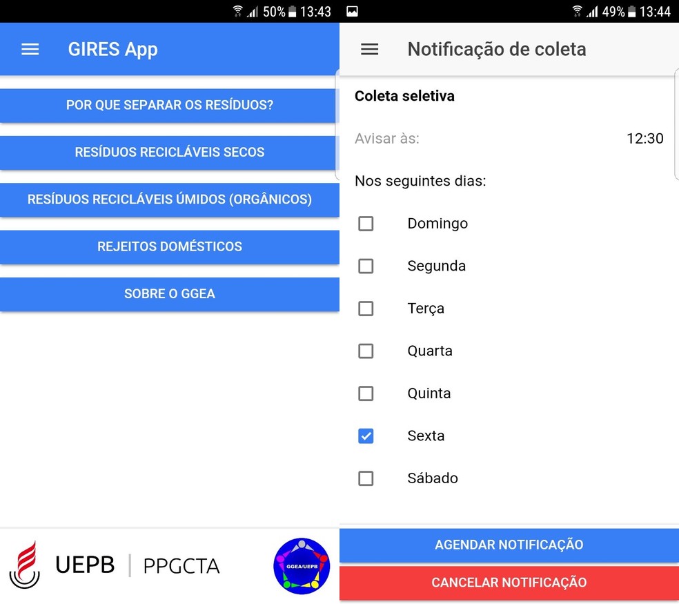 Telas do aplicativo 'GiresApp' desenvolvido pelo estudante da UEPB (Foto: Reprodução/GiresApp)