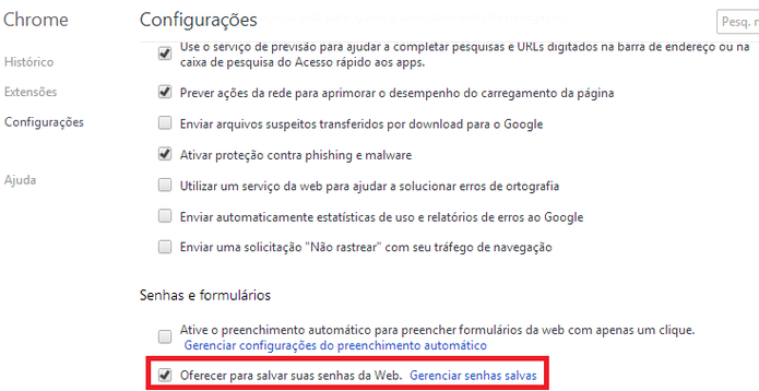 Configuração de armazenamento de senha no Google Chrome (Foto: Reprodução/ Marcela Vaz)