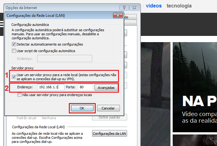 Colocando as configurações de proxy no Internet Explorer (Foto: Reprodução/Edivaldo Brito)