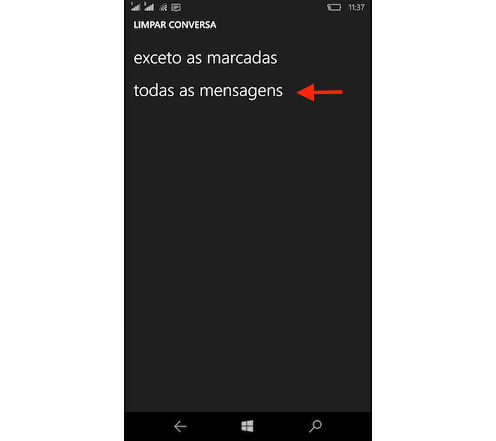 Opção para limpar um chat do WhatsApp para Windows Phone (Foto: Reprodução/Marvin Costa)