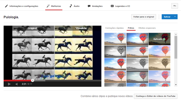 Aplicação de filtros em edição de vídeo no YouTube (Foto: Reprodução/Paulo Finotti)