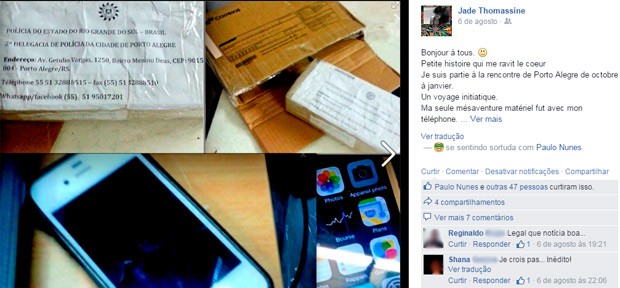 Turista francesa exibe celular enviado pelo correio por policial brasileiro (Foto: Reprodução/Facebook)