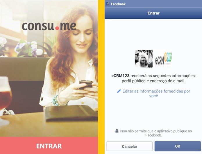 À esquerda, primeira tela do app após instalação. À direita, tela de confirmação para login via Facebook (Foto: Reprodução/Raquel Freire)
