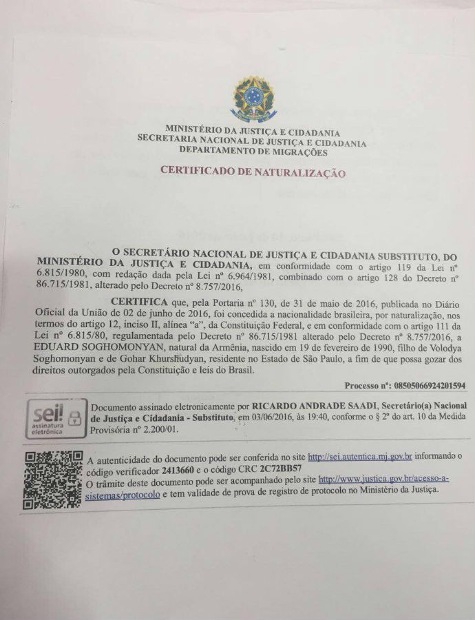 Armênio consegue naturalização brasileira e poderá lutar na Rio 2016 Armênio consegue naturalização brasileira e poderá lutar na Rio 2016