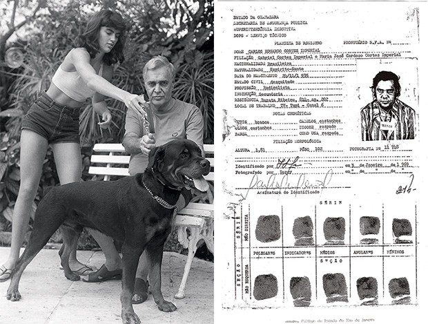  Com a segunda mulher, a modelo Andréa Carla, e o cachorro, em 1990: histórias impagáveis e a ficha no Dops (dir.) (Foto: acervo Denilson Monteiro  e acervo Aloísio T. de Carvalho)