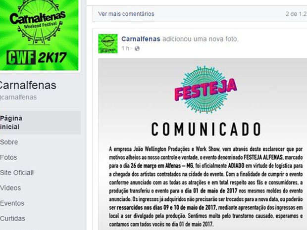 Previsto para acontecer no dia 26 de março, festival de música foi adiado para o dia 1º de maio em Alfenas, MG (Foto: Reprodução/Facebook/Carnalfenas Weekend Festival) Previsto para acontecer no dia 26 de março, festival de música foi adiado para o dia 1º de maio em Alfenas, MG (Foto: Reprodução/Facebook/Carnalfenas Weekend Festival)