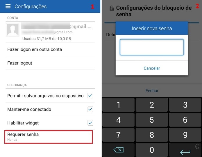 Telas de configuração para definição de senha ao entrar no app (Foto: Reprodução/Raquel Freire)