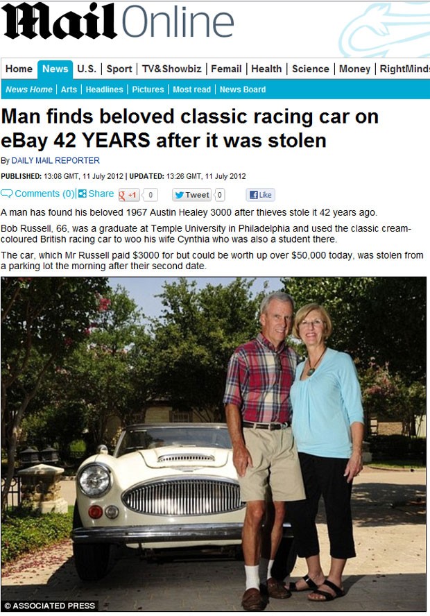 O americano Bob Russell reencontrou seu carro roubado 42 anos antes em um site de leilões na internet (Foto: Reprodução) O americano Bob Russell reencontrou seu carro roubado 42 anos antes em um site de leilões na internet (Foto: Reprodução)