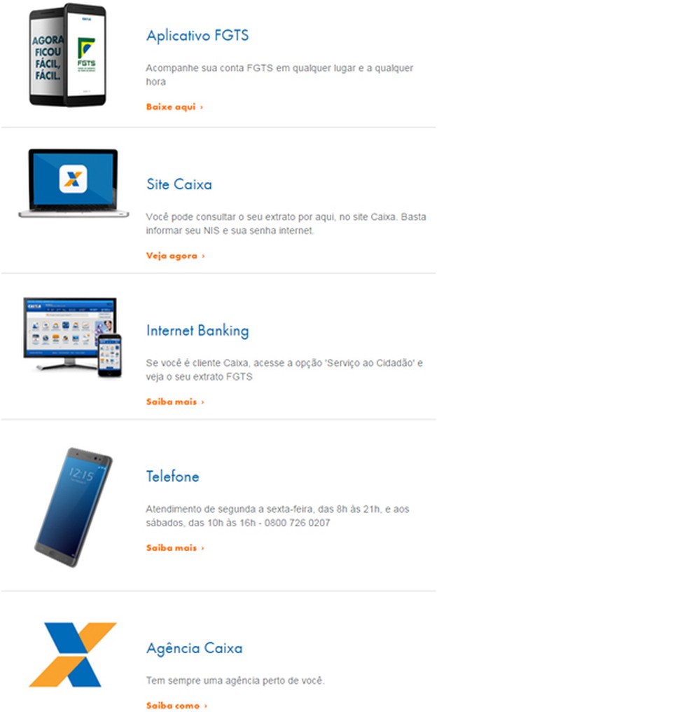 Canais para consulta de saldo do FGTS (Foto: Reprodução/Caixa)