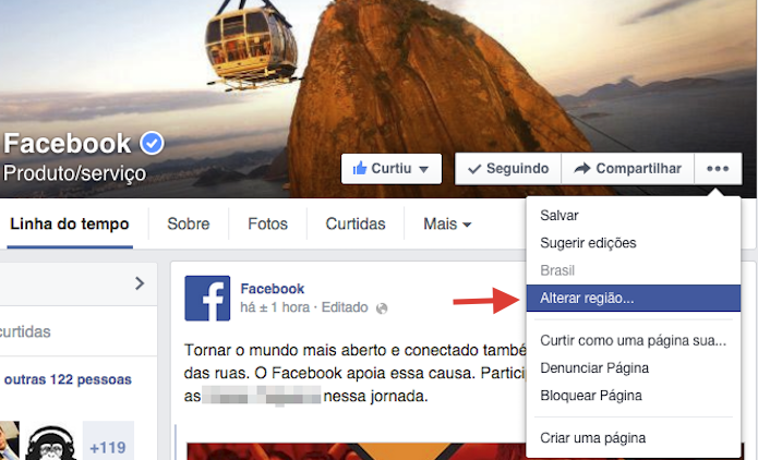 Acessando as configurações de alteração de região de uma página no Facebook (Foto: Reprodução/Marvin Costa)