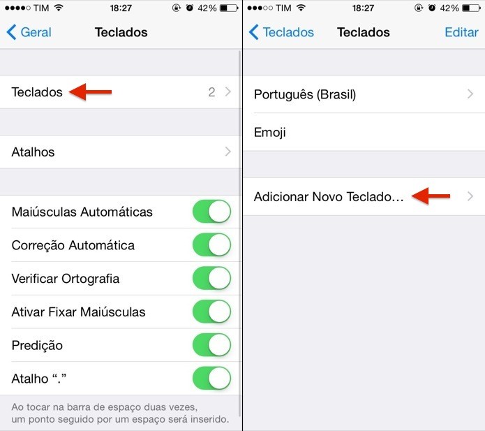 Configurando teclado do iOS 8 (Foto: Reprodução/Helito Bijora)