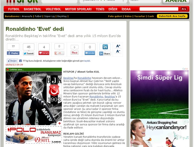 Jornal turco diz que Ronaldinho Gaúcho aceitou proposta do Besikitas (Foto: Reprodução / Internet)