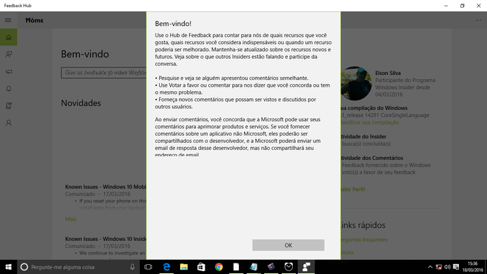 Feedback Hub substitui Windows Feedback e Insider Hub no Windows 10 (Foto: Reprodução/Elson de Souza)