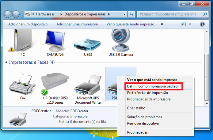Definindo o PDF Creator como impressora padrão do sistema (Foto: Reprodução/Edivaldo Brito)