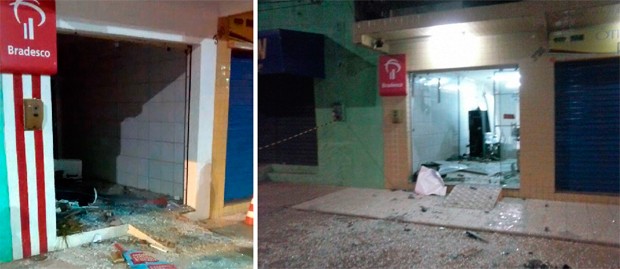Alvo de explosão na madrugada desta quarta, agência do Bradesco na cidade de São Pedro também foi detonada em maio do ano passado (foto da direita) (Foto: Divulgação/Polícia Militar do RN)