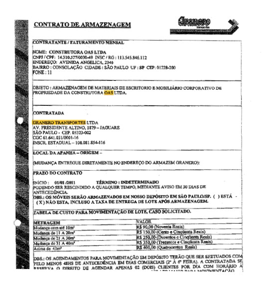 Contrato da OAS com a Granero previa armazenagem de 10 containers para Lula (Foto: Reprodução)