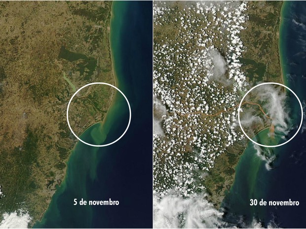 Satélite da Nasa mostra evolução da lama no Rio Doce (Foto: Reprodução/ WorldView Nasa)