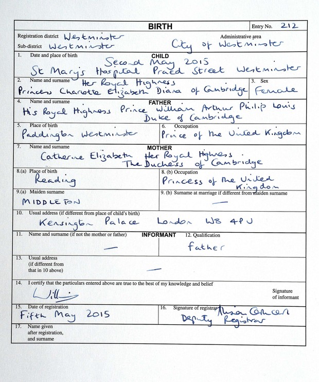 Certidão de nascimento de Charlotte Elizabeth Diana (Foto: Reuters)
