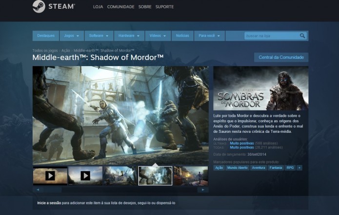 Shadow of Mordor: página do game na Steam (Foto: Reprodução/Paulo Vasconcellos) (Foto: Shadow of Mordor: página do game na Steam (Foto: Reprodução/Paulo Vasconcellos)) Shadow of Mordor: página do game na Steam (Foto: Reprodução/Paulo Vasconcellos) (Foto: Shadow of Mordor: página do game na Steam (Foto: Reprodução/Paulo Vasconcellos))