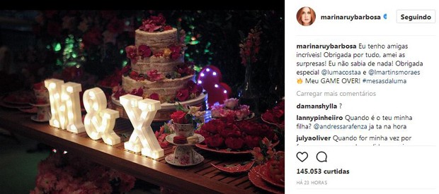 Marina Ruy Barbosa falou sobre as surpresas das amigas em seu Instagram (Foto: Reprodução/Instagram) Marina Ruy Barbosa falou sobre as surpresas das amigas em seu Instagram (Foto: Reprodução/Instagram)
