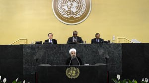 O presidente iraniano Hassan Rohani discursa na ONU (Foto: AFP)