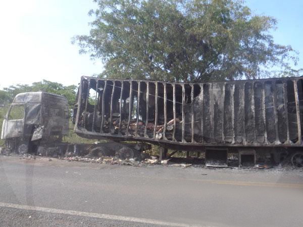 Carreta pegou fogo depois de motorista perceber falha mecânica (Foto: Reprodução/Floriano News)