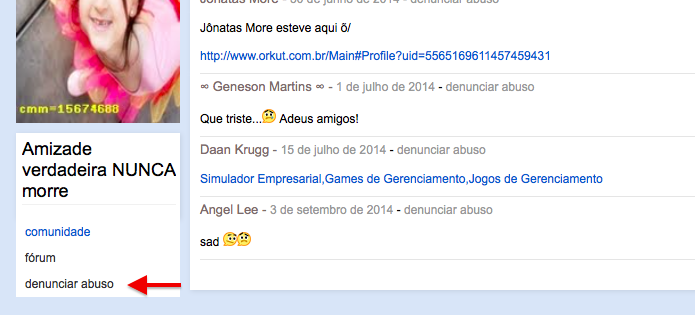 Denunciando conteúdo no arquivo do Orkut (Foto: Reprodução/Helito Bijora)