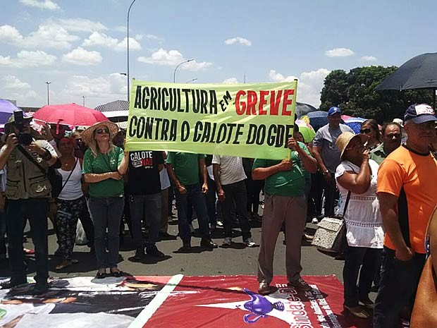 Servidores em greve mostram cartaz durante protesto contra o governo do DF (Foto: Jéssica Simabuku/G1)