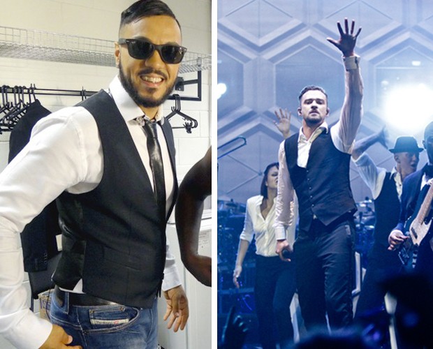Belo e Justin Timberlake são fãs de colete e visual social no palco (Foto: Gshow/Divulgação)